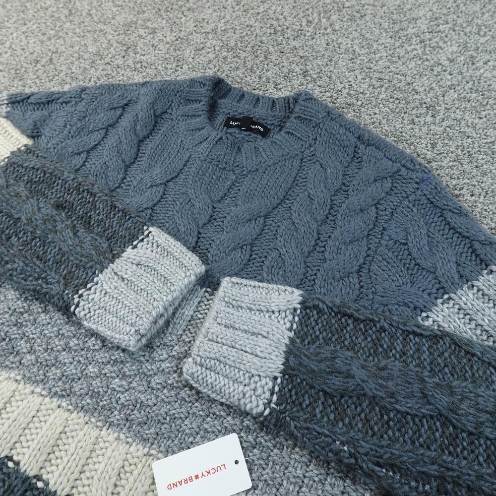 NEW Lucky Brand Sweater Mens M Gray‎ Stripe Cable Knit Crewneck Heavy Pullover